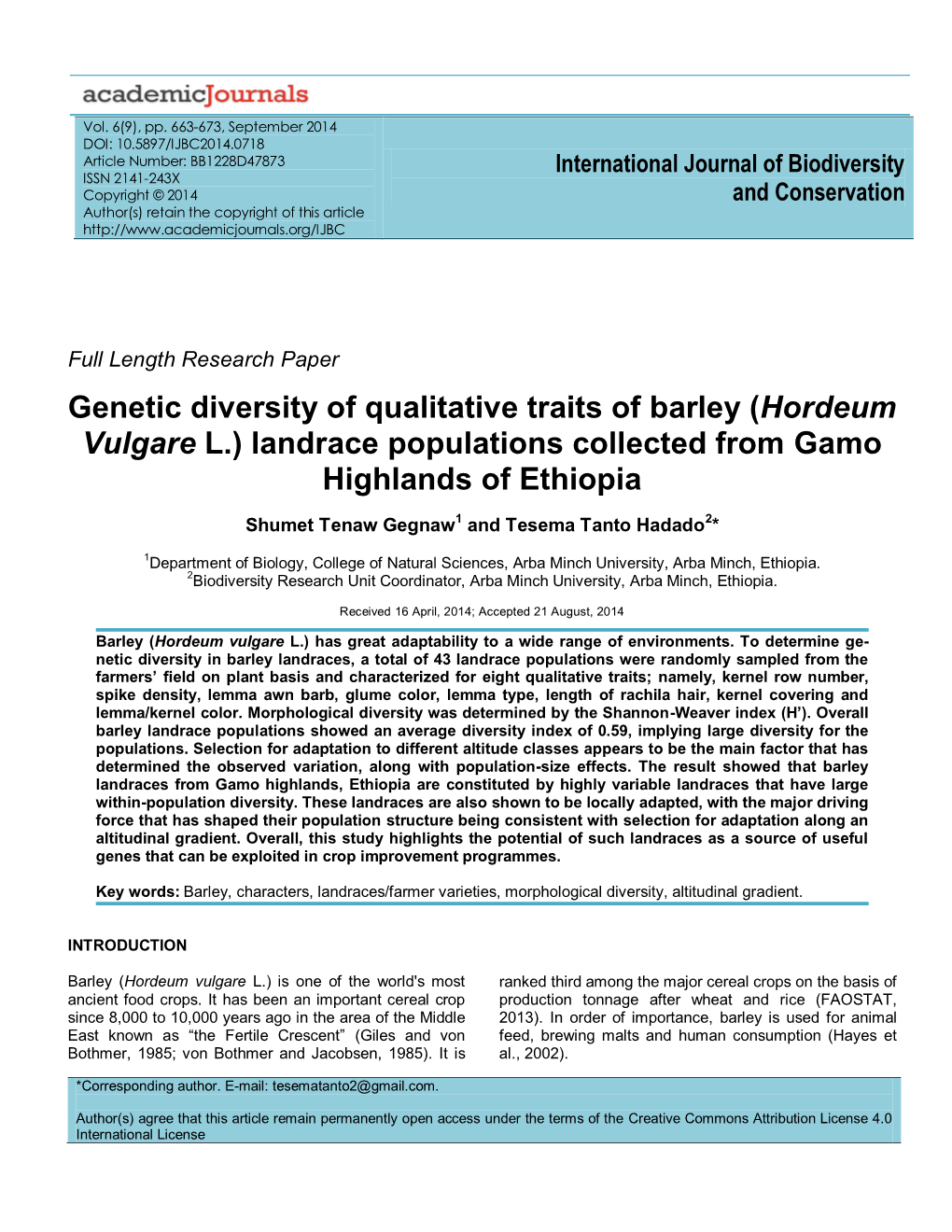 Genetic Diversity of Qualitative Traits of Barley (Hordeum Vulgare L.) Landrace Populations Collected from Gamo Highlands of Ethiopia