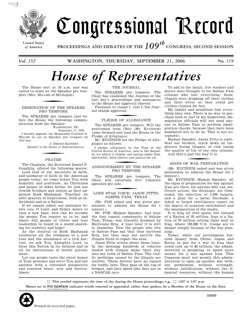 Congressional Record United States Th of America PROCEEDINGS and DEBATES of the 109 CONGRESS, SECOND SESSION