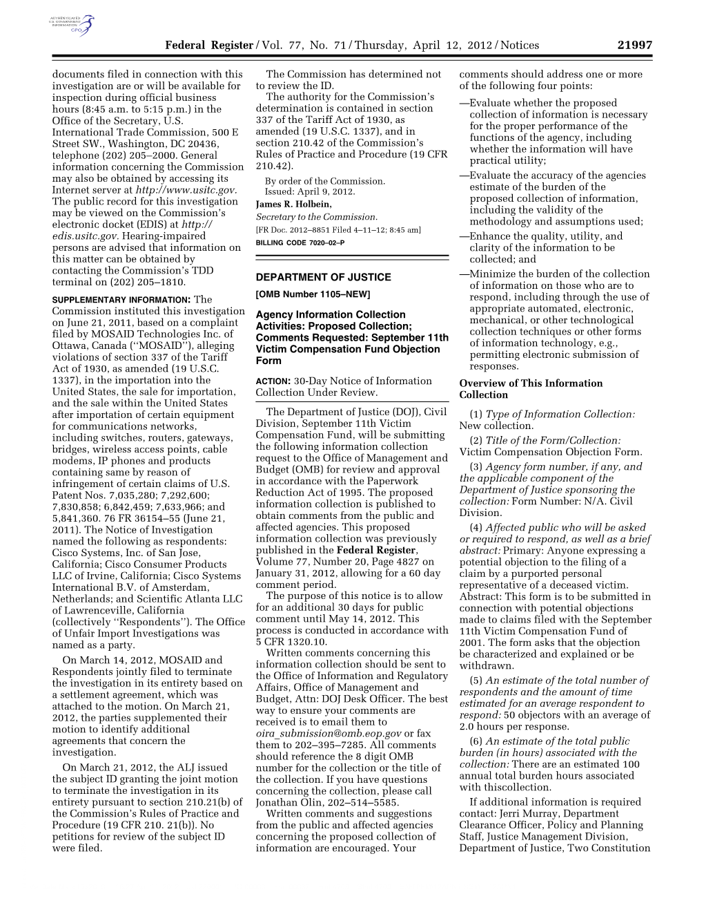Federal Register/Vol. 77, No. 71/Thursday, April 12, 2012/Notices