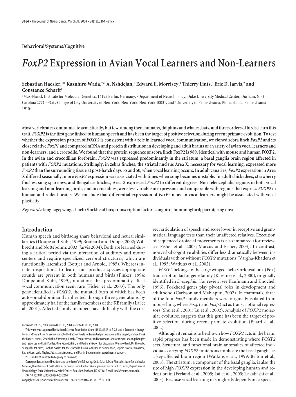 Foxp2expression in Avian Vocal Learners and Non-Learners