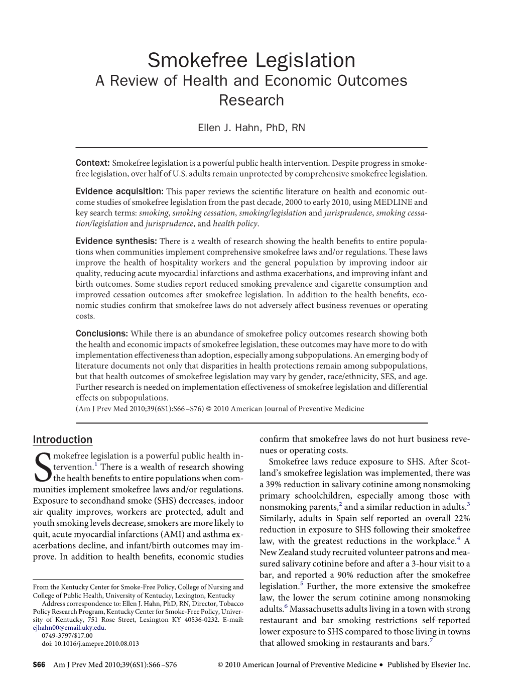 Smokefree Legislation : a Review of Health and Economic Outcomes