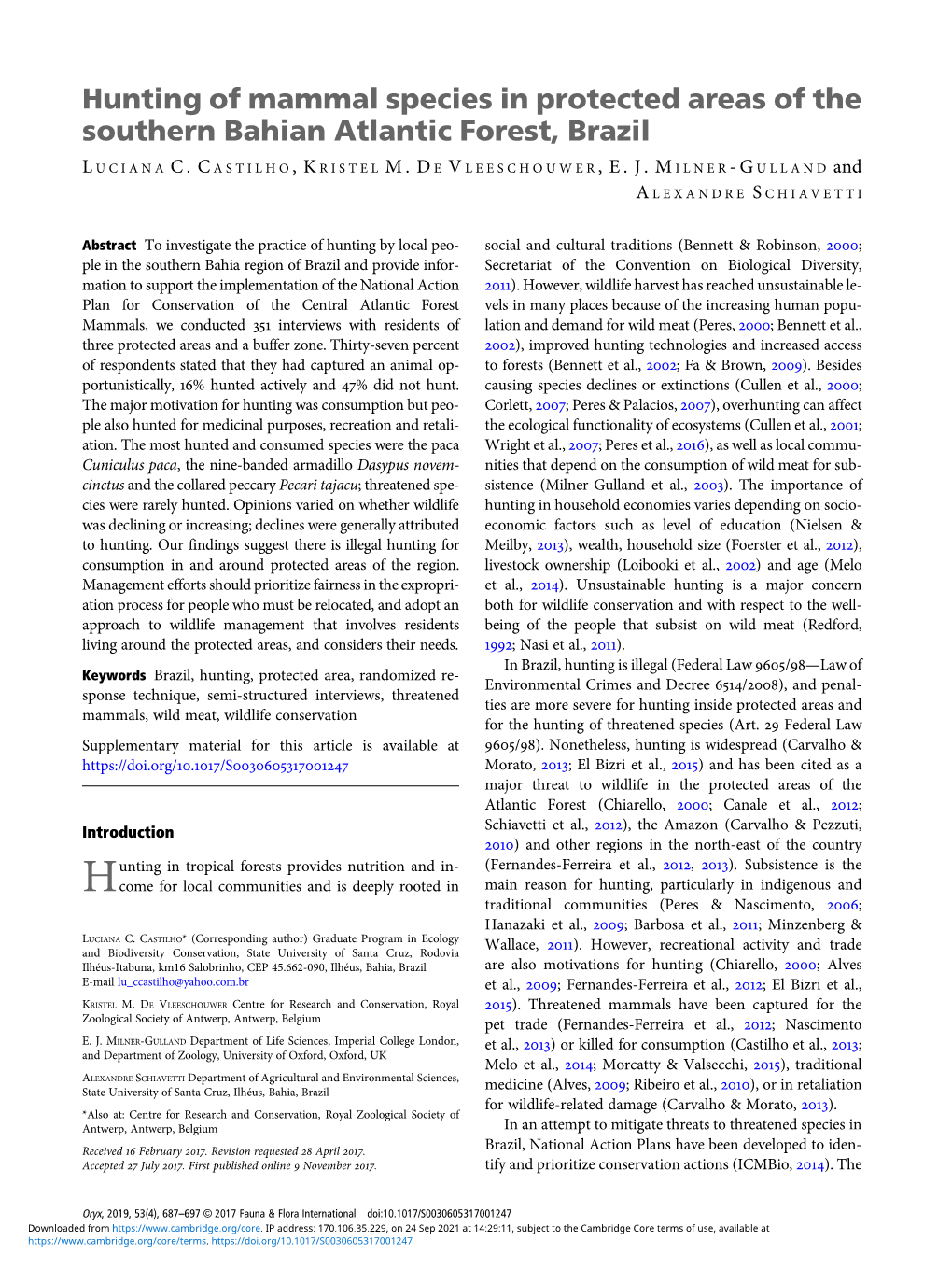 Hunting of Mammal Species in Protected Areas of the Southern Bahian Atlantic Forest, Brazil