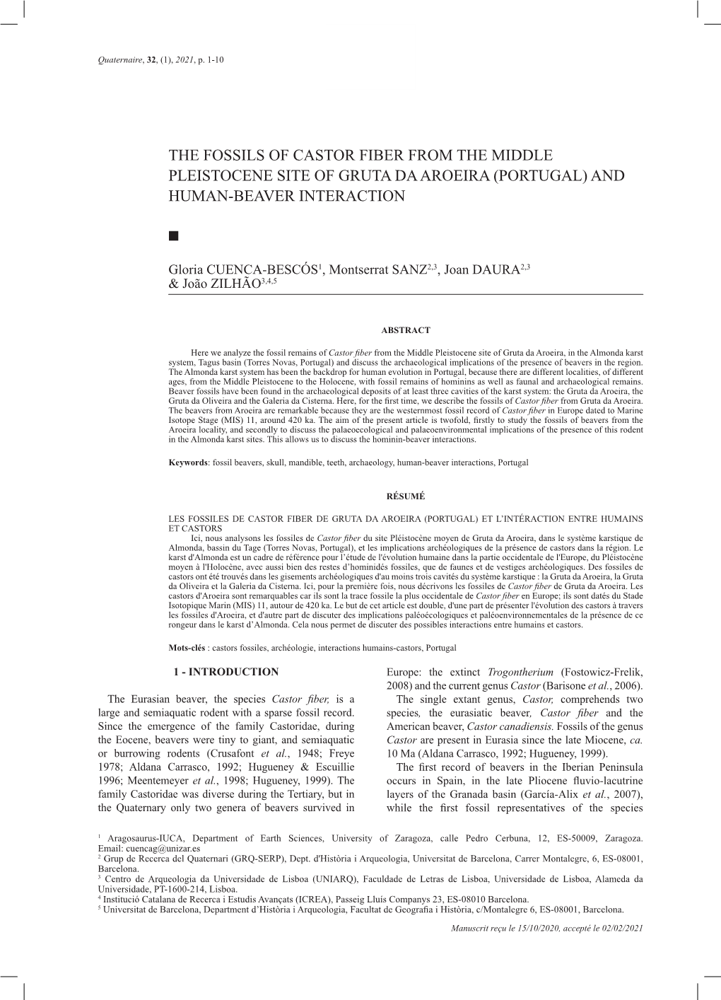 The Fossils of Castor Fiber from the Middle Pleistocene Site of Gruta Da Aroeira (Portugal) and Human-Beaver Interaction