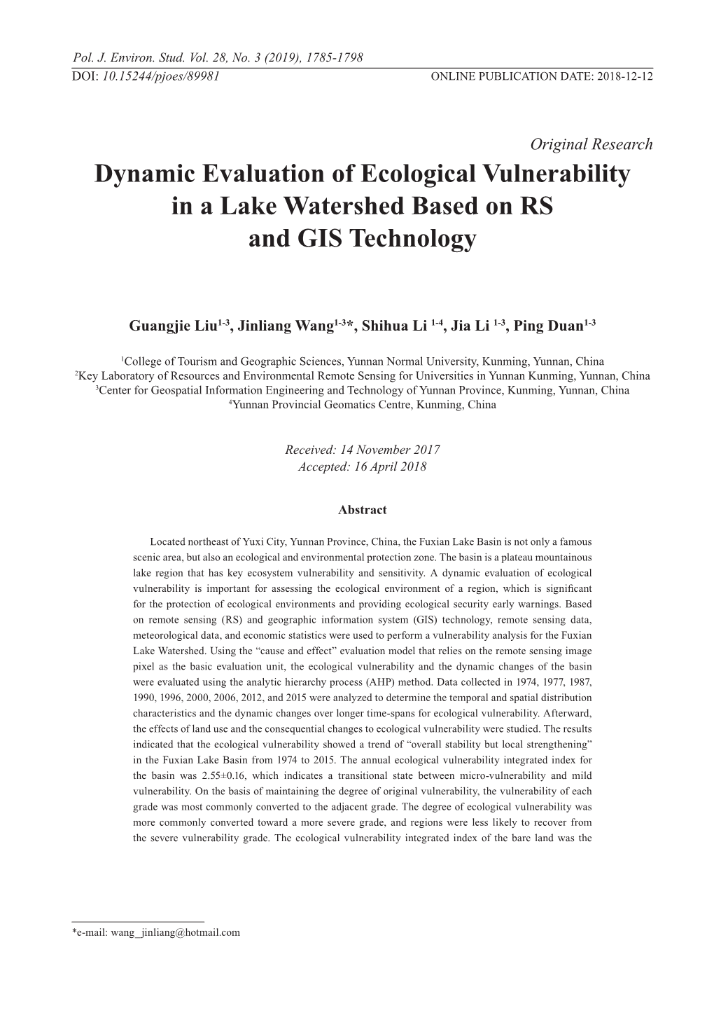 Dynamic Evaluation of Ecological Vulnerability in a Lake Watershed Based on RS and GIS Technology