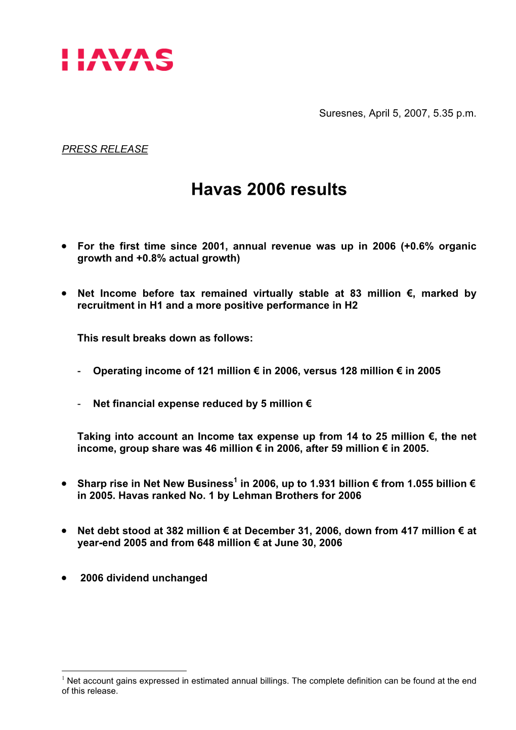 Havas 2006 Results