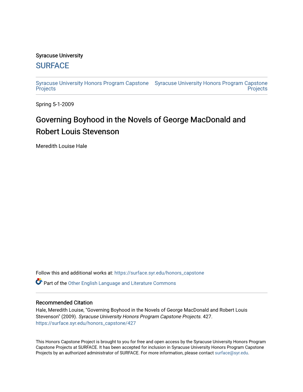 Governing Boyhood in the Novels of George Macdonald and Robert Louis Stevenson