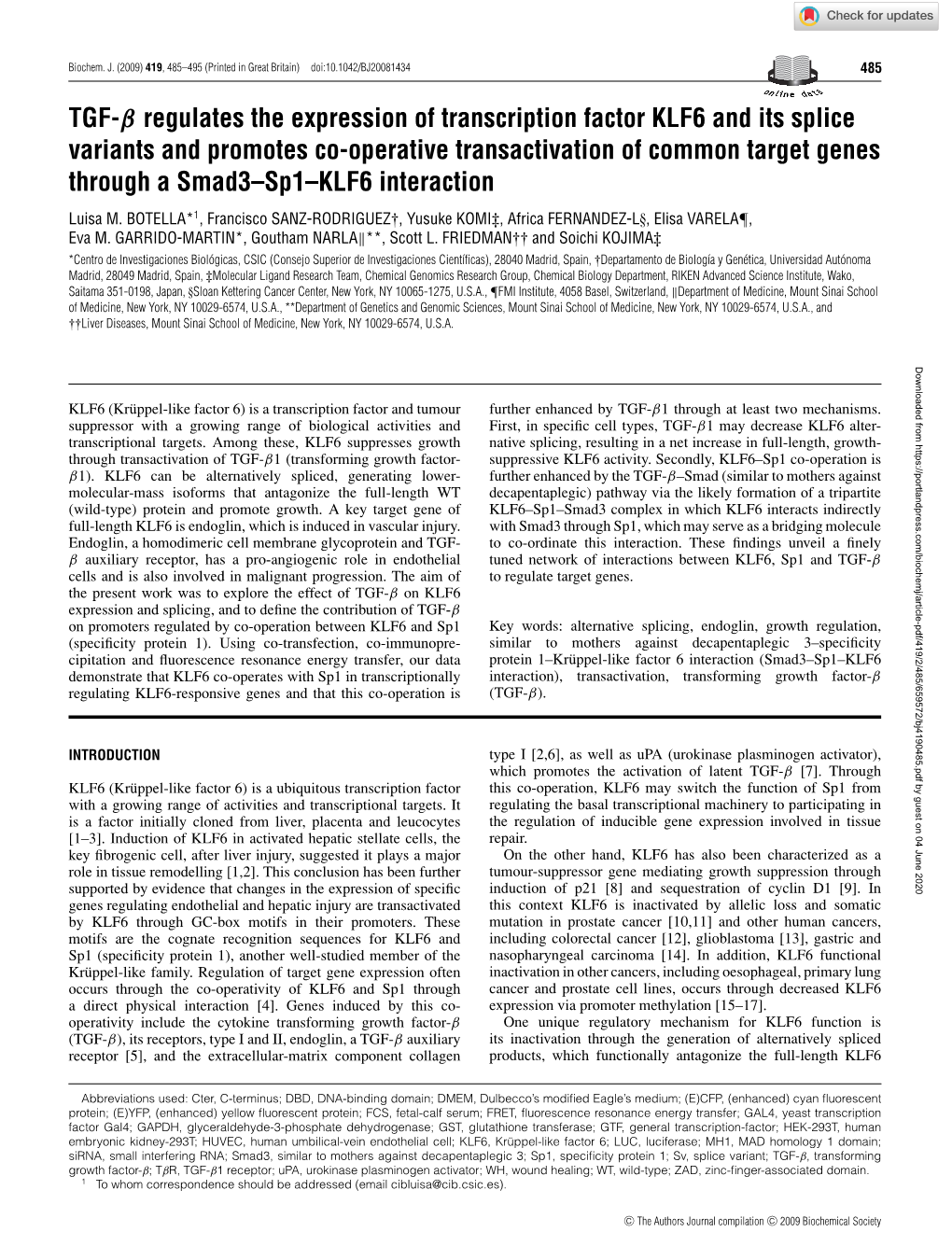 TGF-Β Regulates the Expression of Transcription Factor KLF6 and Its