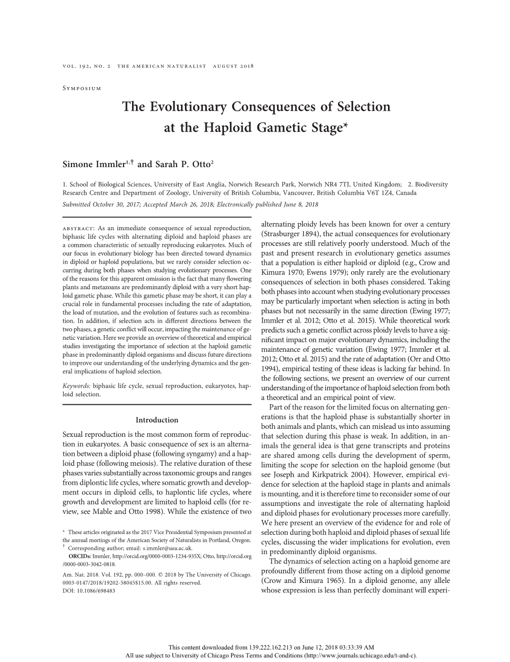 The Evolutionary Consequences of Selection at the Haploid Gametic Stage*