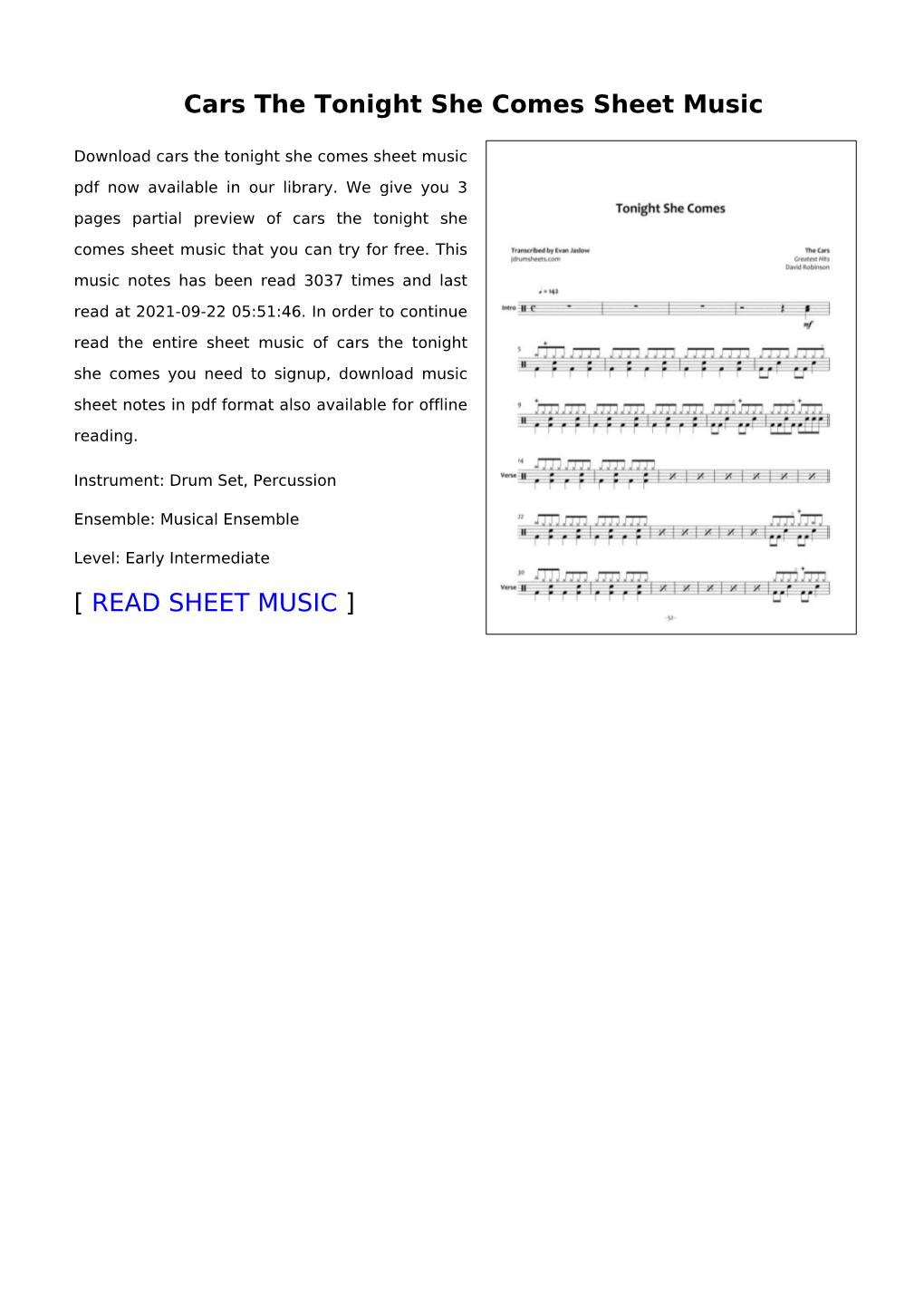 Cars the Tonight She Comes Sheet Music