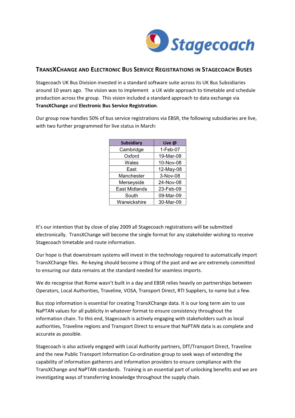 Transxchange and Electronic Bus Service Registrations in Stagecoach Buses