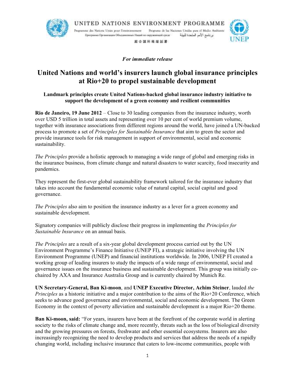 United Nations and World's Insurers Launch Global Insurance Principles