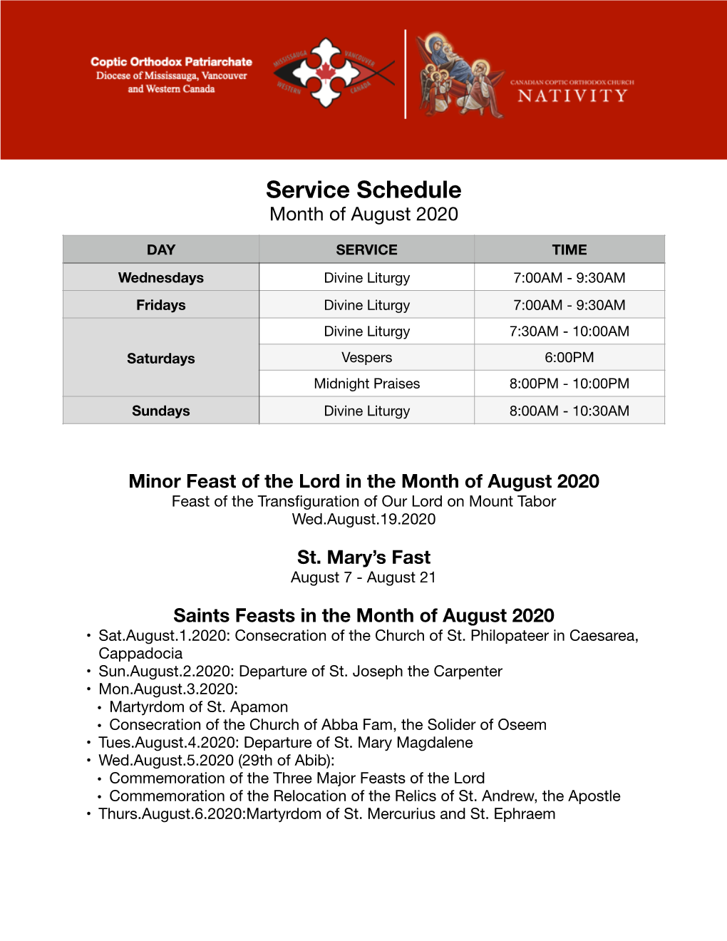 August 2020 Service Schedule