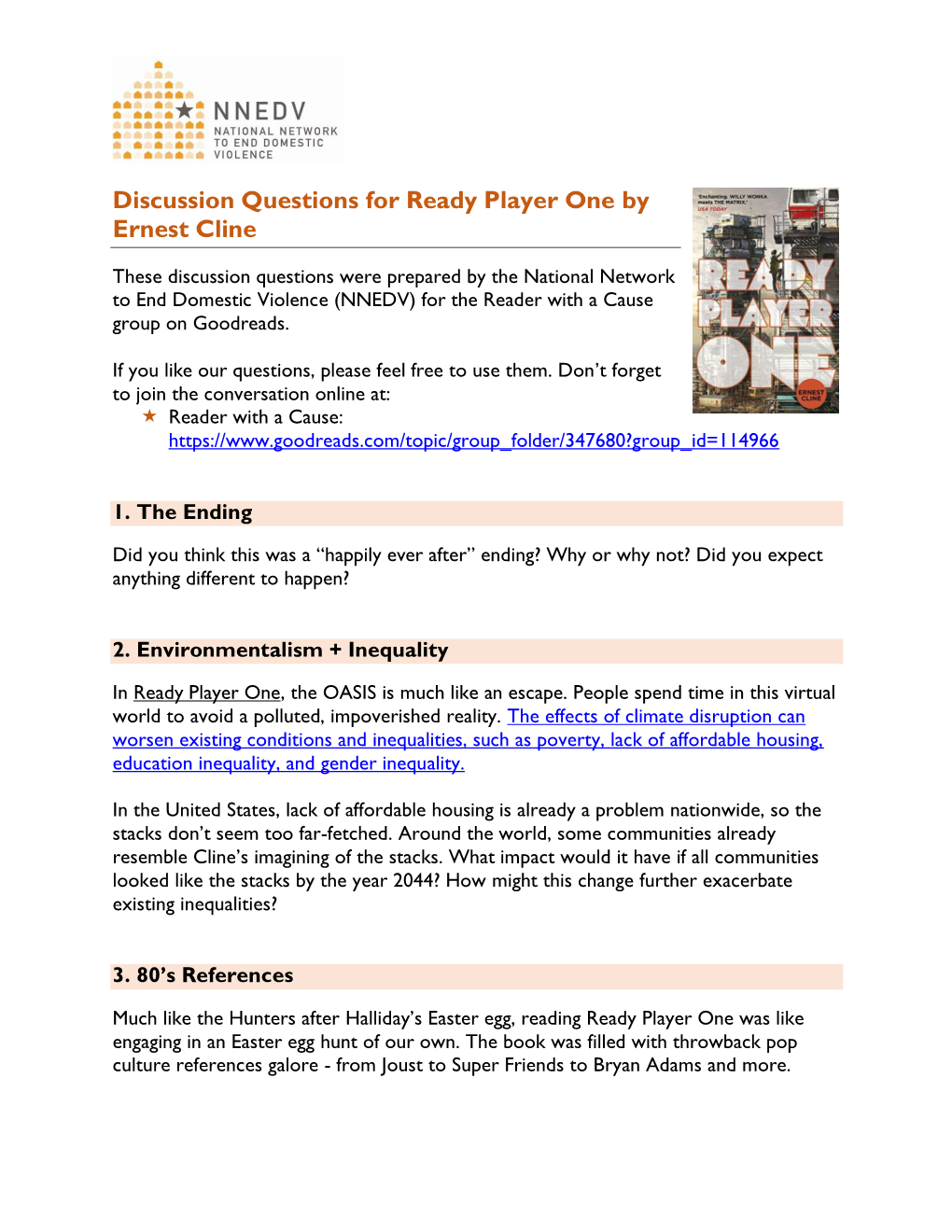 Discussion Questions for Ready Player One by Ernest Cline