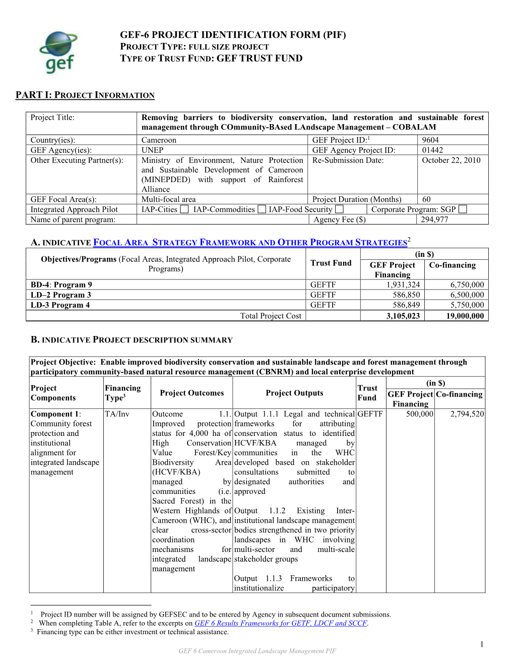 Part I: P Gef-6 Project Identification Form (Pif) Type