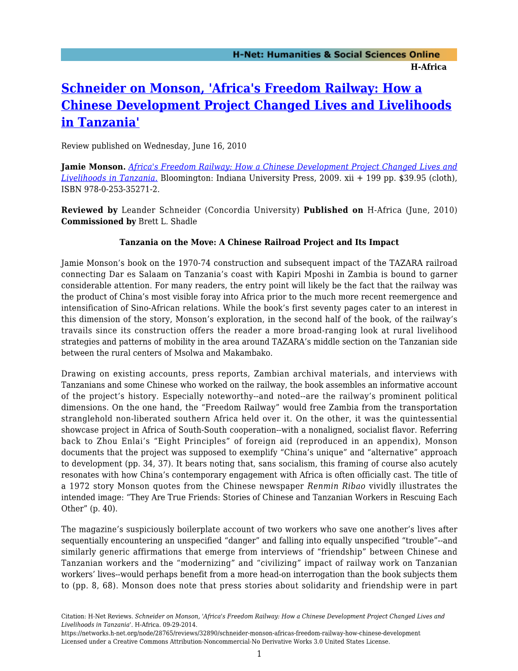 Schneider on Monson, 'Africa's Freedom Railway: How a Chinese Development Project Changed Lives and Livelihoods in Tanzania'
