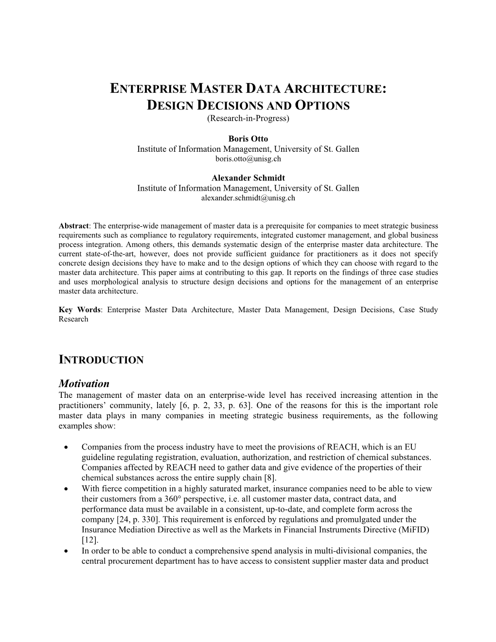 ENTERPRISE MASTER DATA ARCHITECTURE: DESIGN DECISIONS and OPTIONS (Research-In-Progress)