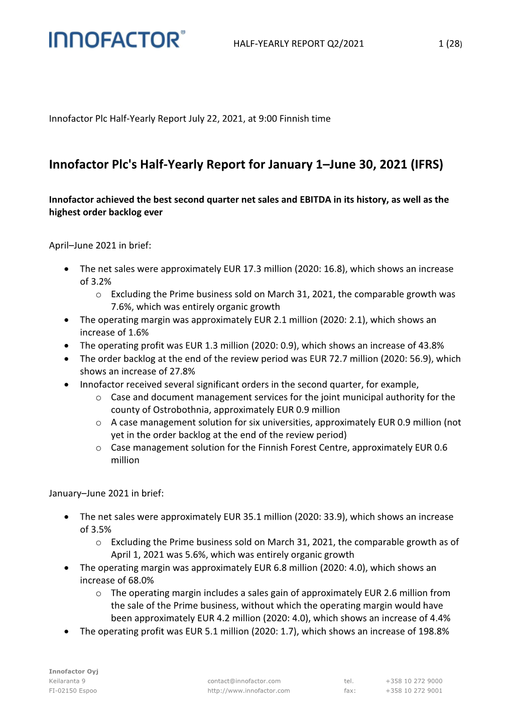 Innofactor Plc's Half-Yearly Report for January 1–June 30, 2021 (IFRS)