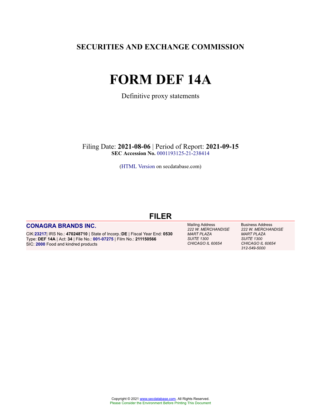 CONAGRA BRANDS INC. Form DEF 14A Filed 2021-08-06