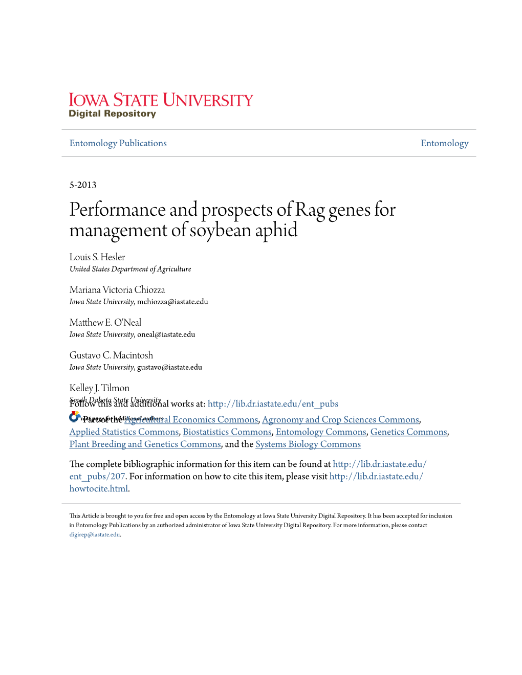 Performance and Prospects of Rag Genes for Management of Soybean Aphid Louis S