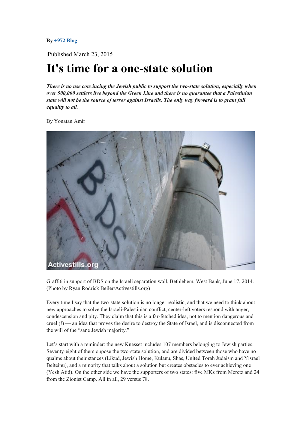 It's Time for a One-State Solution