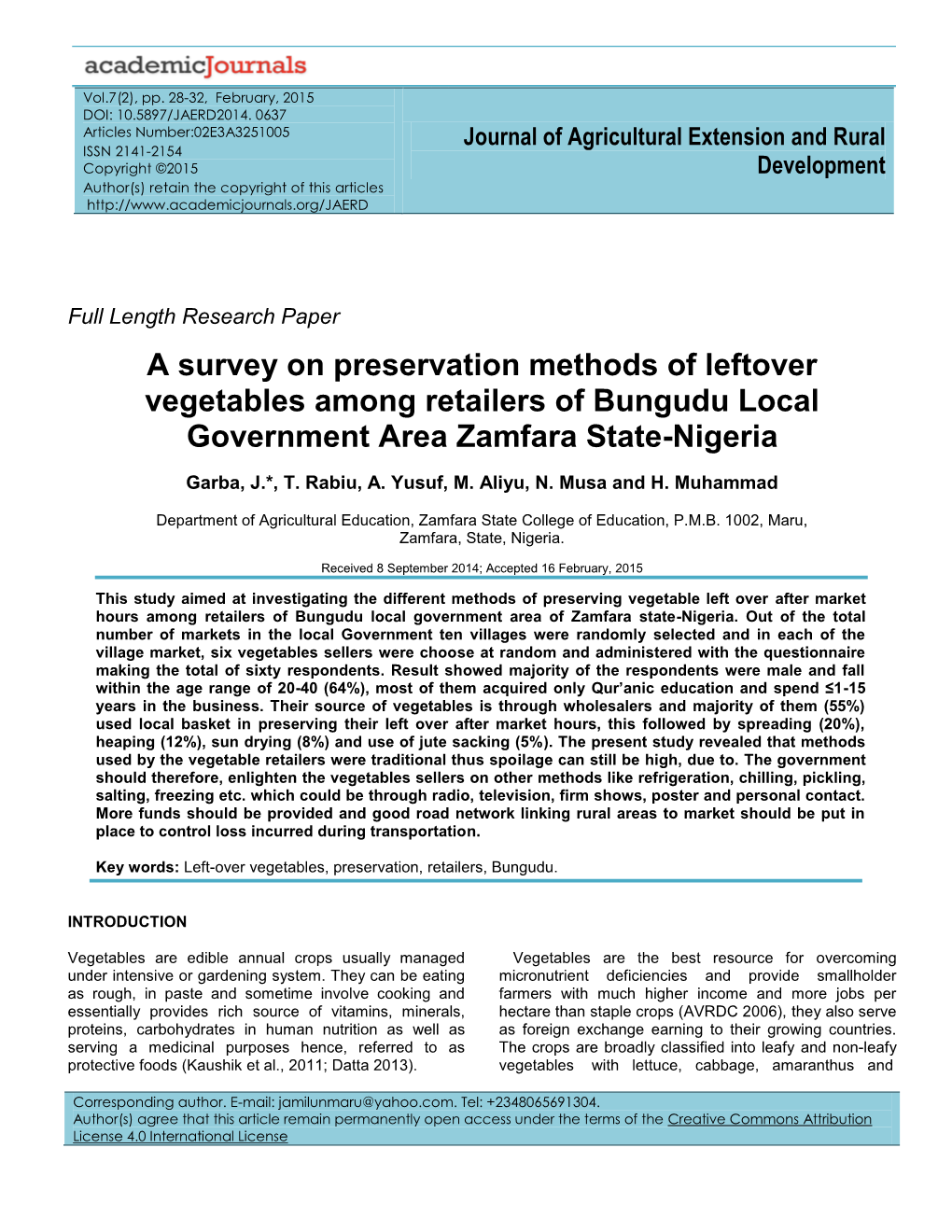 A Survey on Preservation Methods of Leftover Vegetables Among Retailers of Bungudu Local Government Area Zamfara State-Nigeria