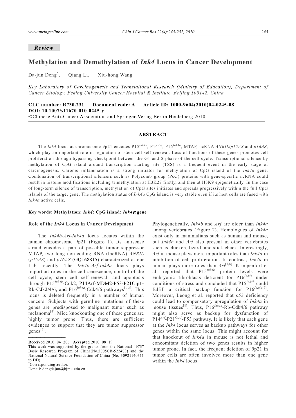 Methylation and Demethylation of Ink4 Locus in Cancer Development