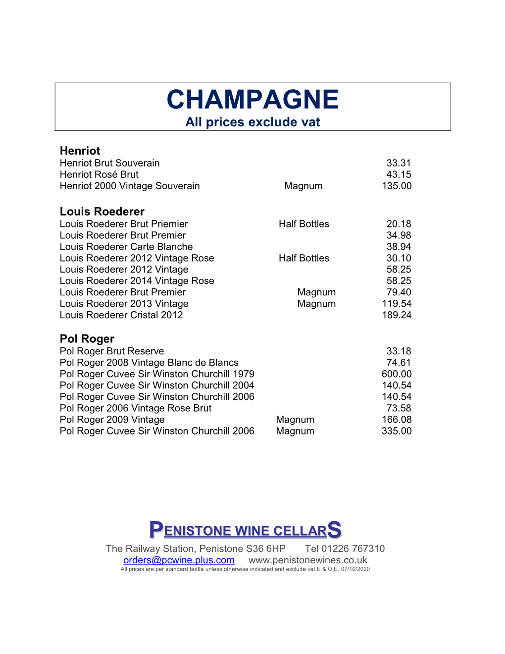 CHAMPAGNE All Prices Exclude Vat