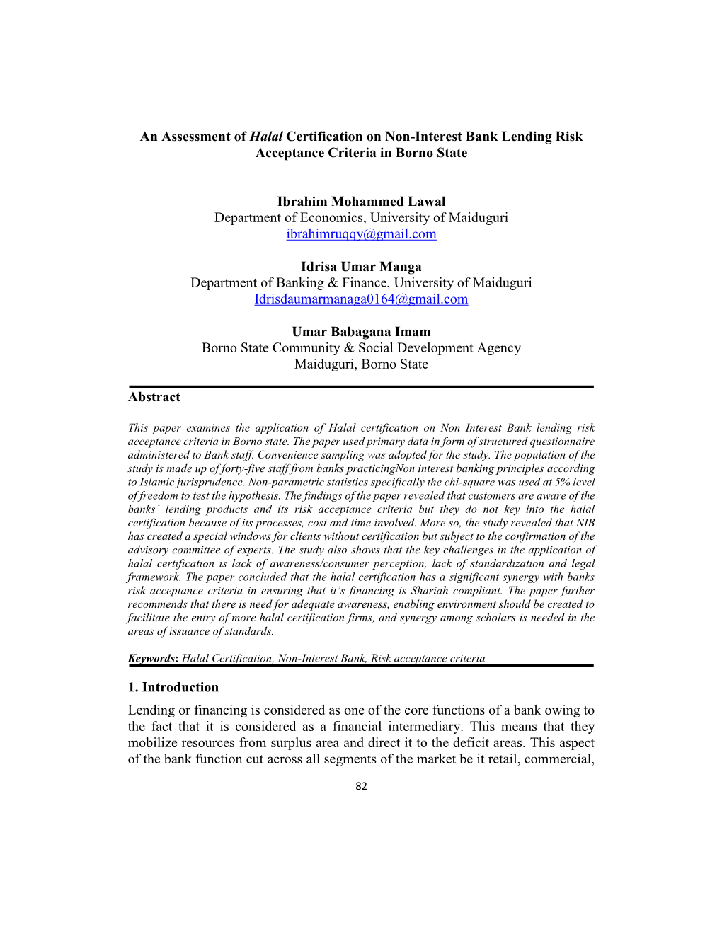 An Assessment of Halal Certification on Non-Interest Bank Lending Risk Acceptance Criteria in Borno State