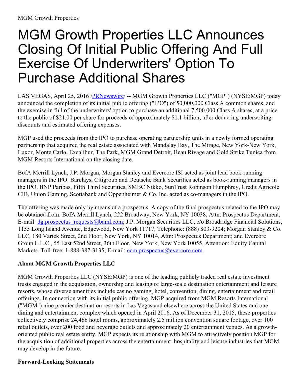 MGM Growth Properties LLC Announces Closing of Initial Public Offering and Full Exercise of Underwriters' Option to Purchase Additional Shares
