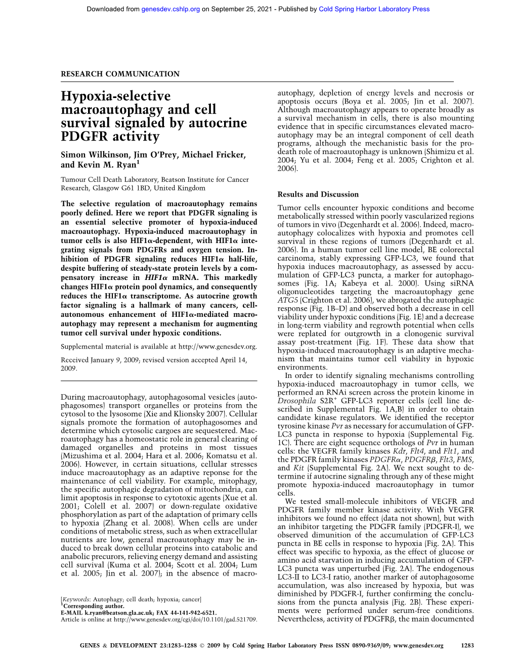 Hypoxia-Selective Macroautophagy and Cell Survival Signaled by Autocrine PDGFR Activity