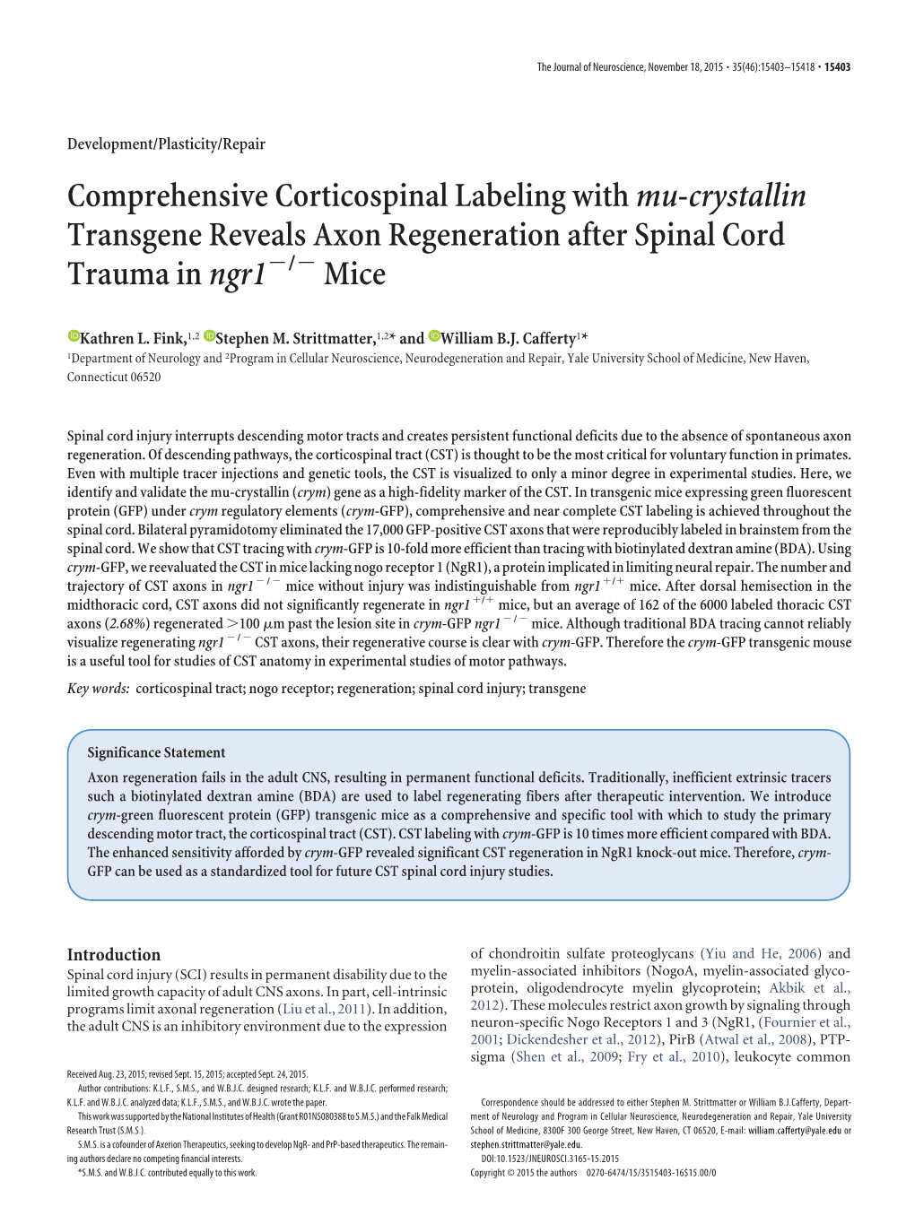 Comprehensive Corticospinal Labeling Withmu-Crystallin Transgene Reveals Axon Regeneration After Spinal Cord Trauma Inngr1 Mice