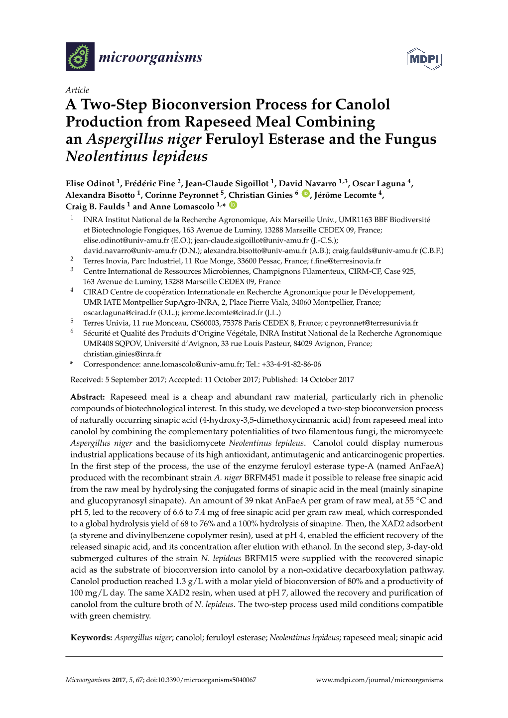 A Two-Step Bioconversion Process for Canolol Production from Rapeseed Meal Combining an Aspergillus Niger Feruloyl Esterase and the Fungus Neolentinus Lepideus