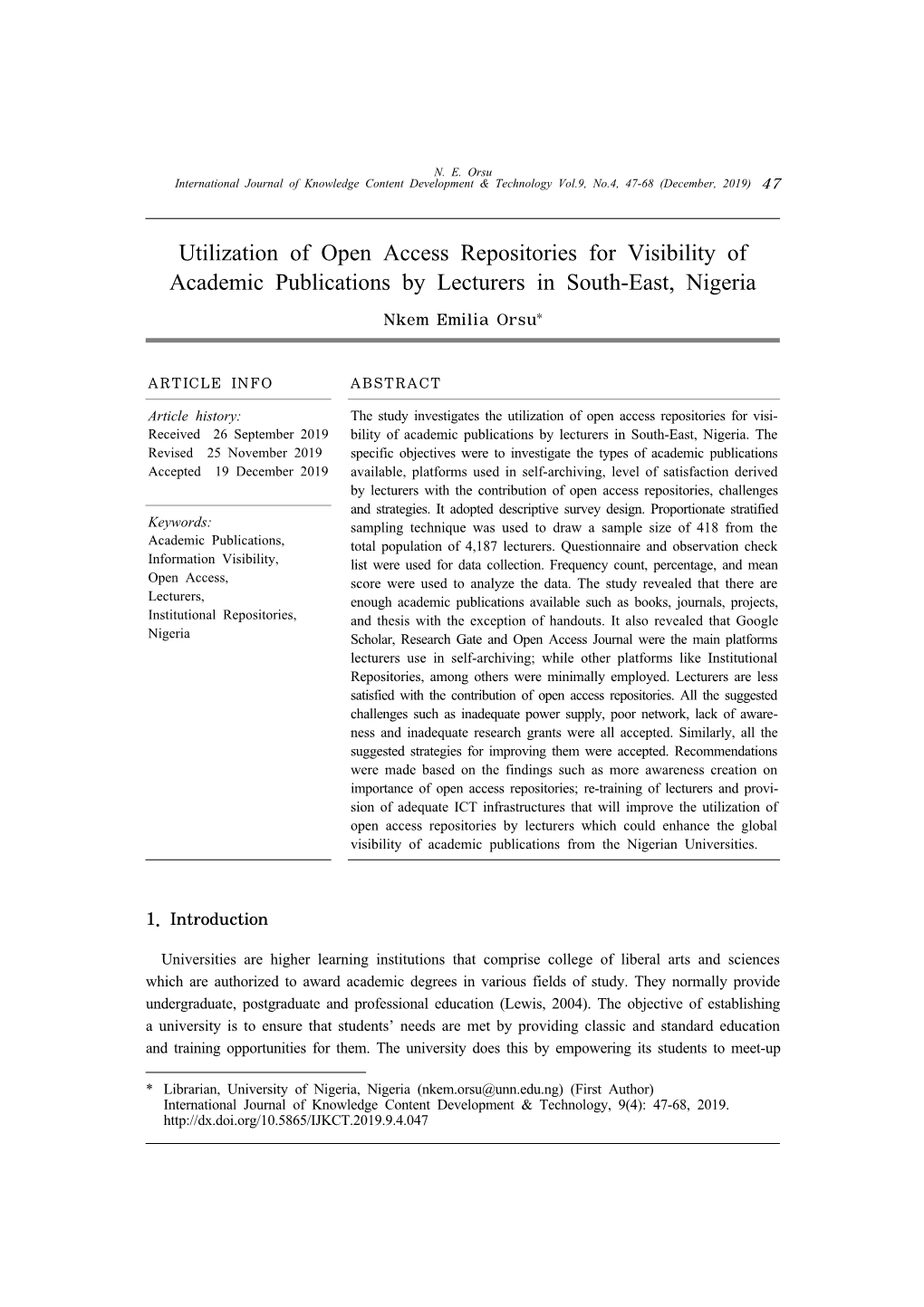 Utilization of Open Access Repositories for Visibility of Academic Publications by Lecturers in South-East, Nigeria