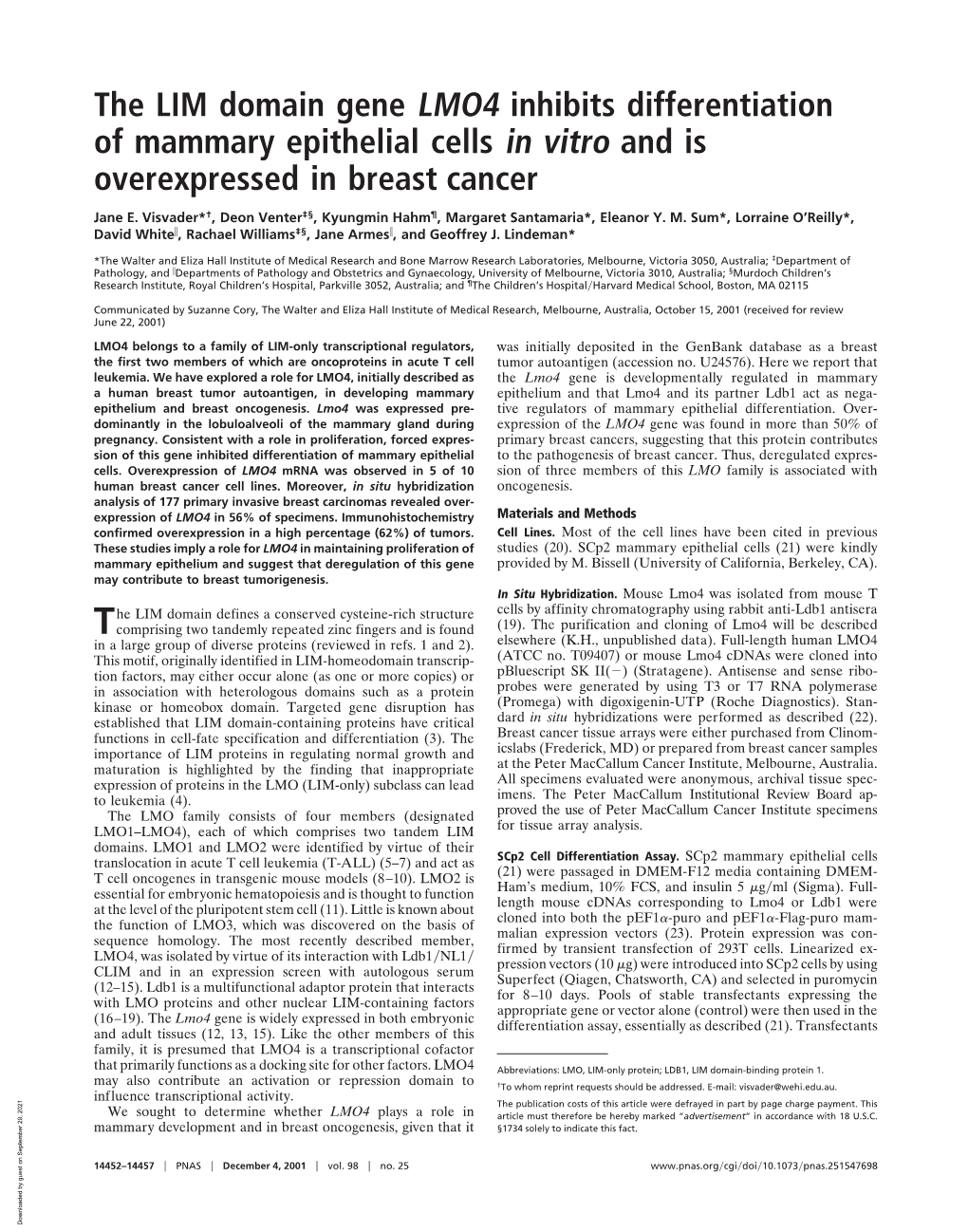 The LIM Domain Gene LMO4 Inhibits Differentiation of Mammary Epithelial Cells in Vitro and Is Overexpressed in Breast Cancer