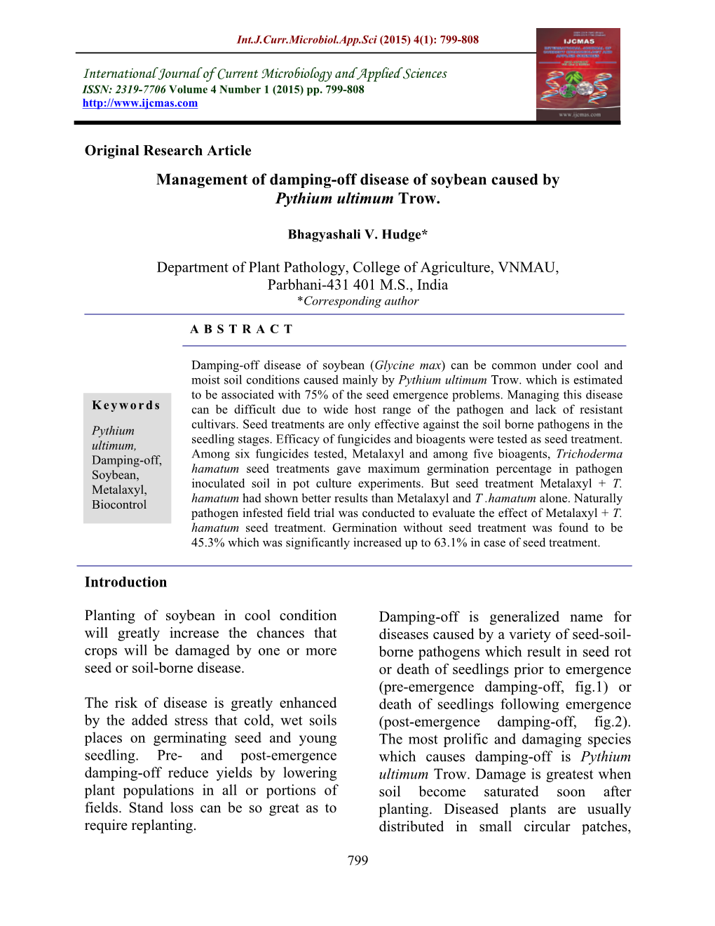 Management of Damping-Off Disease of Soybean Caused by Pythium Ultimum Trow