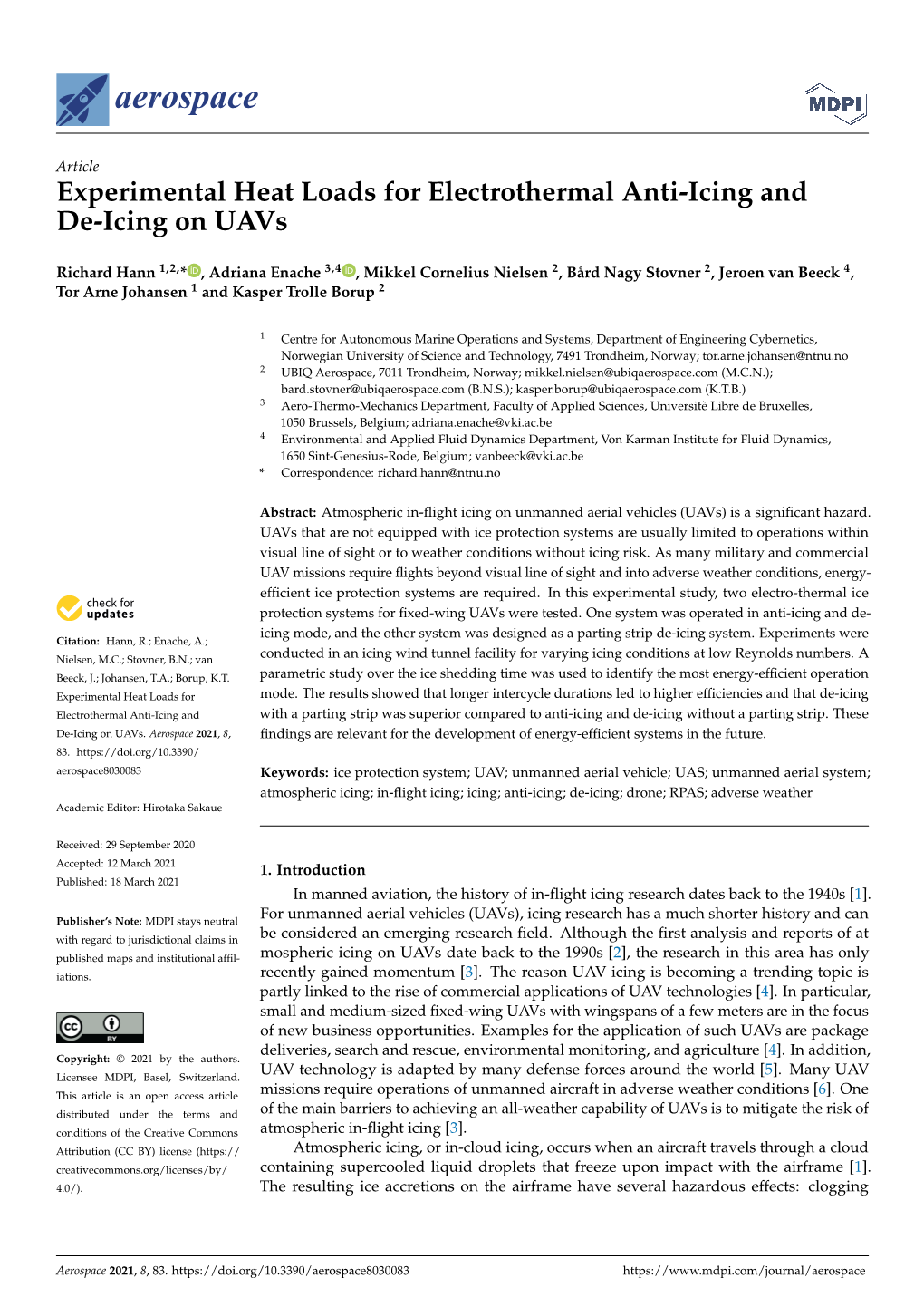 Experimental Heat Loads for Electrothermal Anti-Icing and De-Icing on Uavs
