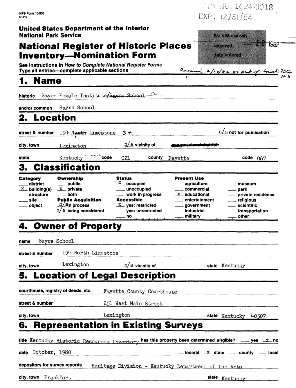 1. Name Classification Owner of Property