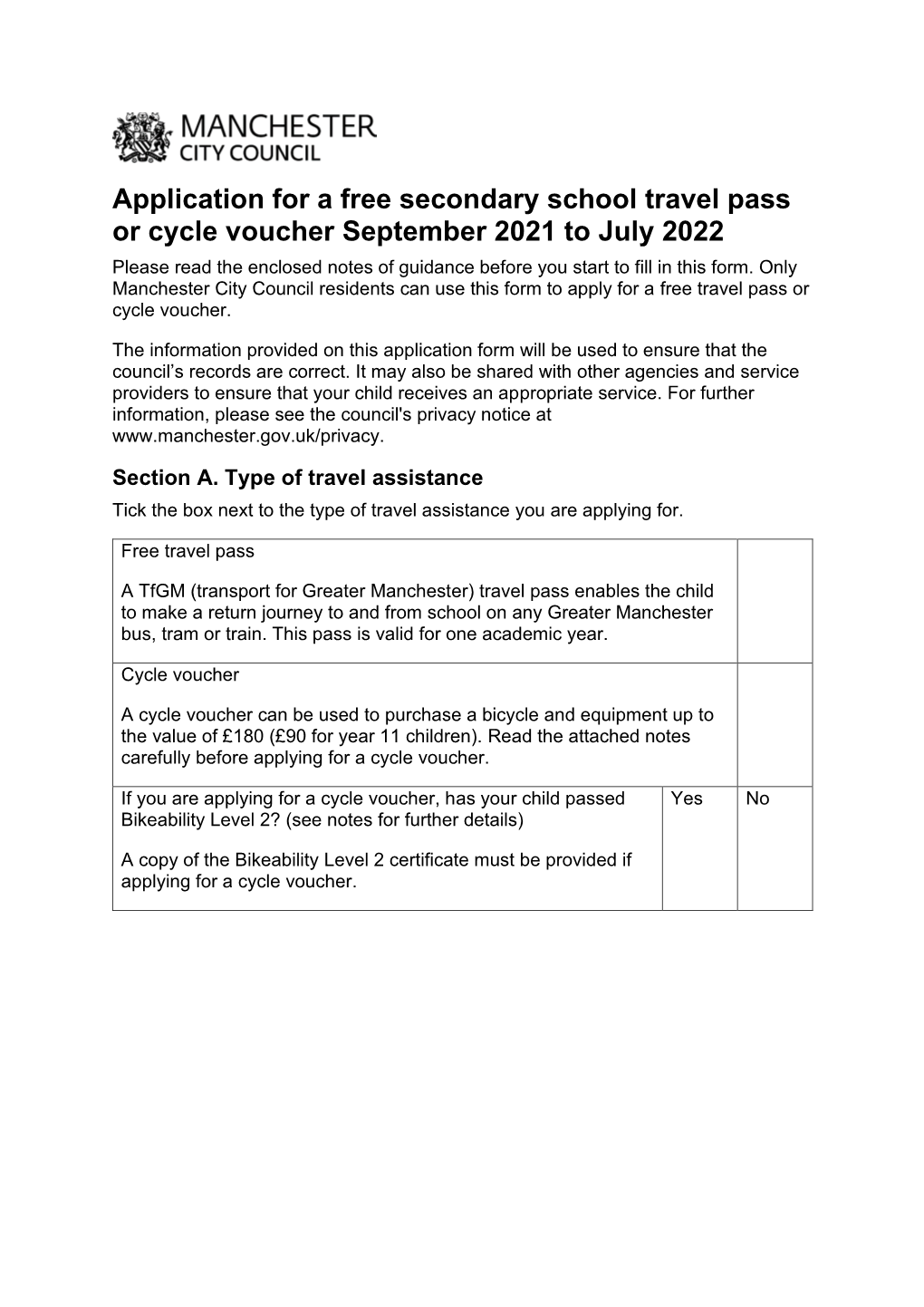 Application for a Free Secondary School Travel Pass Or Cycle Voucher