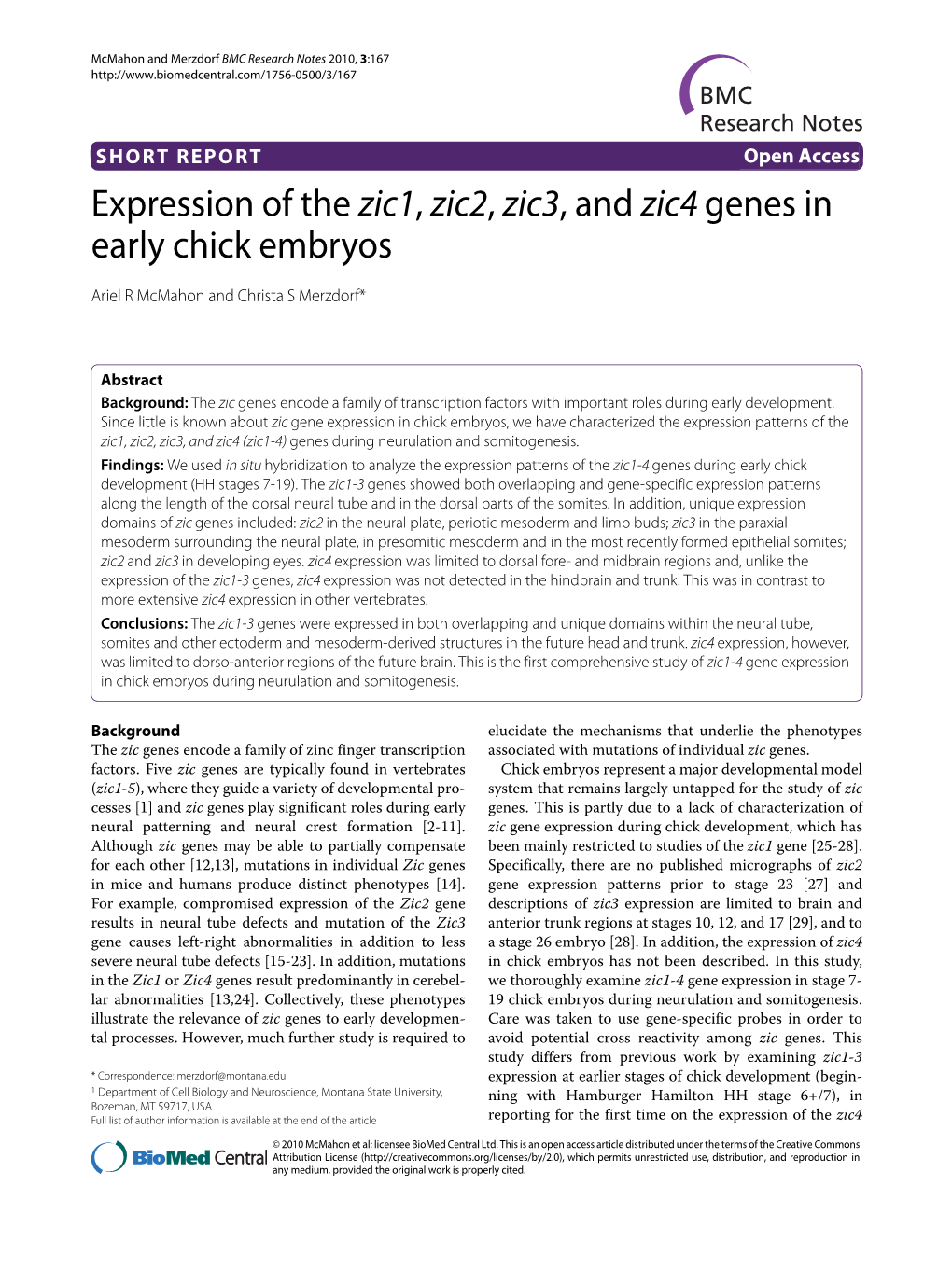 Expression of the Zic1, Zic2, Zic3, and Zic4 Genes in Early Chick Embryos