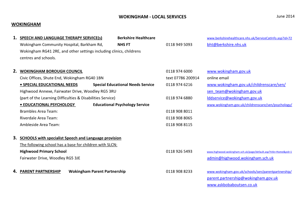 WOKINGHAM - LOCAL SERVICES June 2014 WOKINGHAM