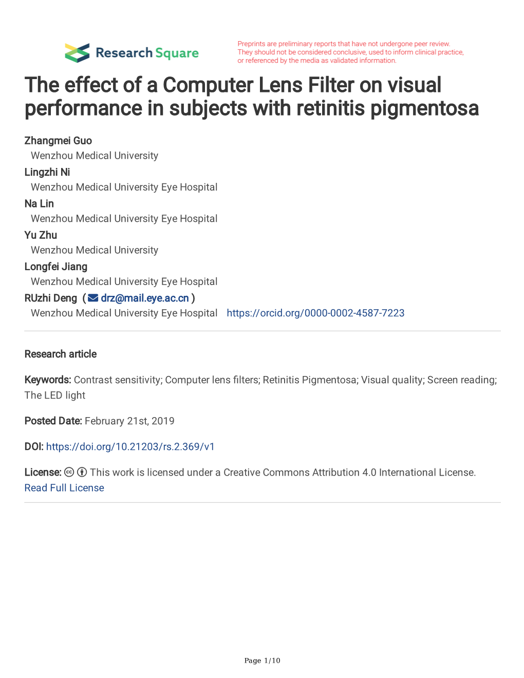 The Effect of a Computer Lens Filter on Visual Performance in Subjects with Retinitis Pigmentosa