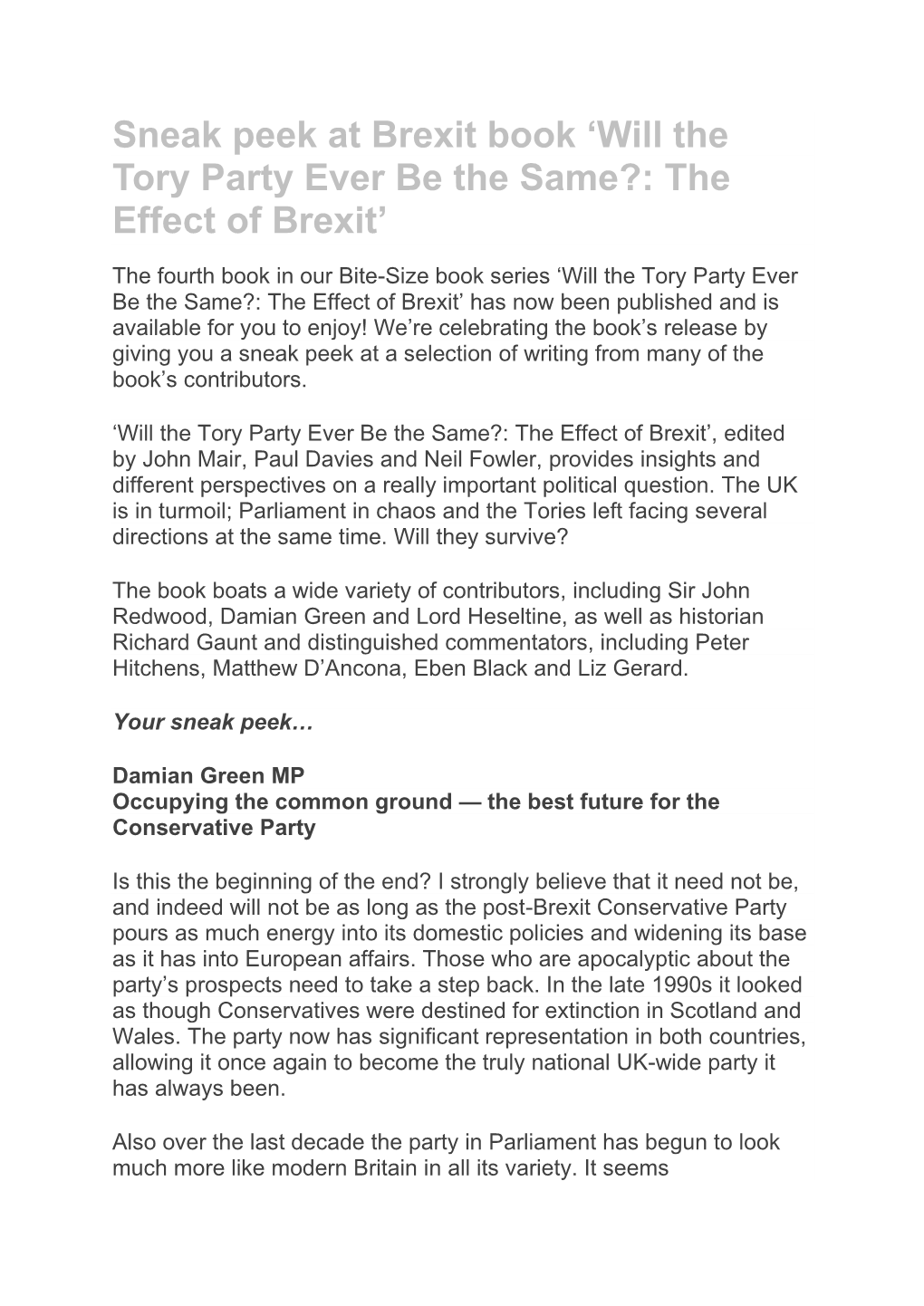 Sneak Peek at Brexit Book 'Will the Tory Party Ever Be the Same?: The