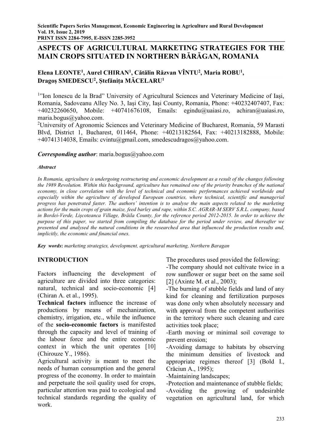 Aspects of Agricultural Marketing Strategies for the Main Crops Situated in Northern Bărăgan, Romania