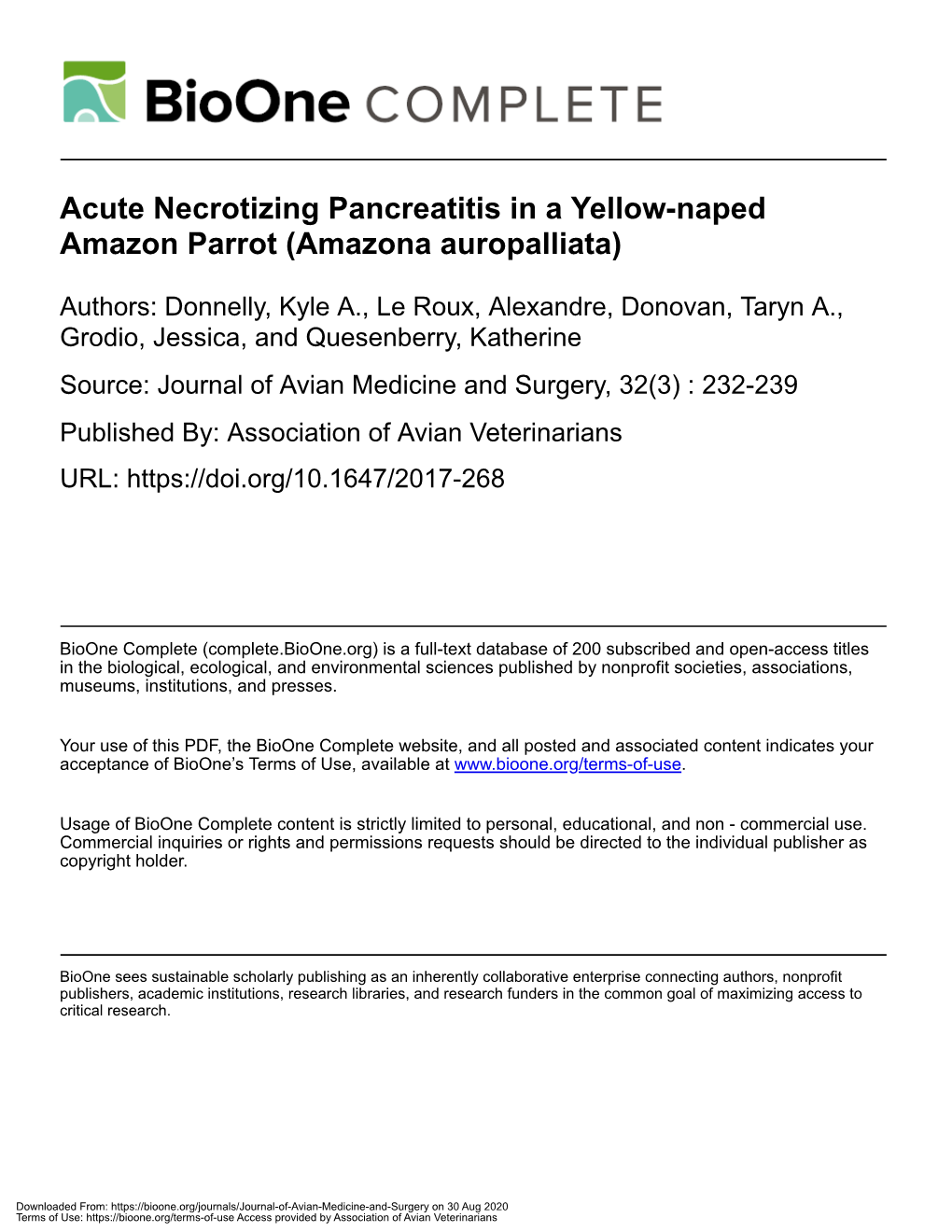 Acute Necrotizing Pancreatitis in a Yellow-Naped Amazon Parrot (Amazona Auropalliata)