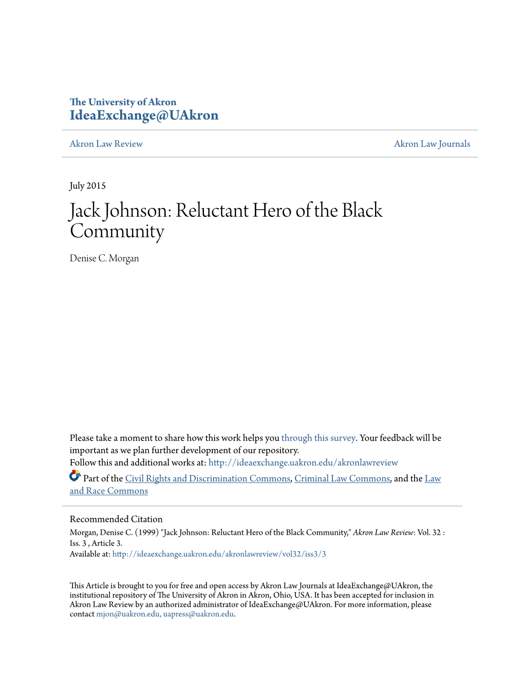 Jack Johnson: Reluctant Hero of the Black Community Denise C