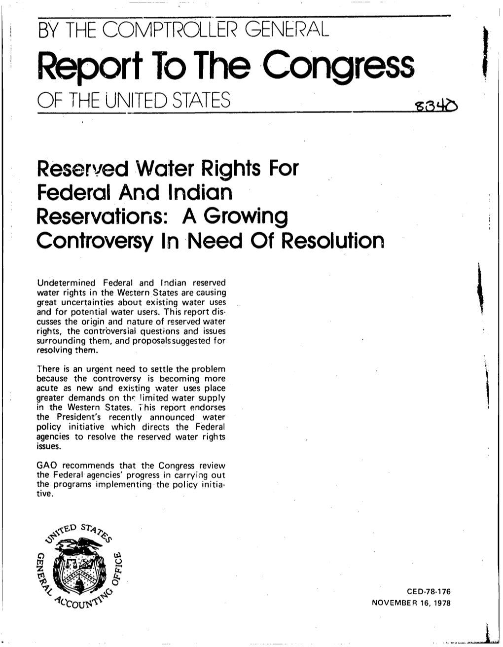 CED-78-176 Reserved Water Rights for Federal and Indian Reservations