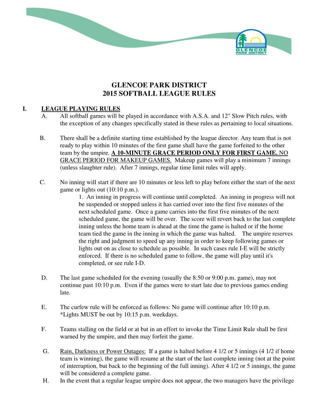 Glencoe Park District 2015 Softball League Rules
