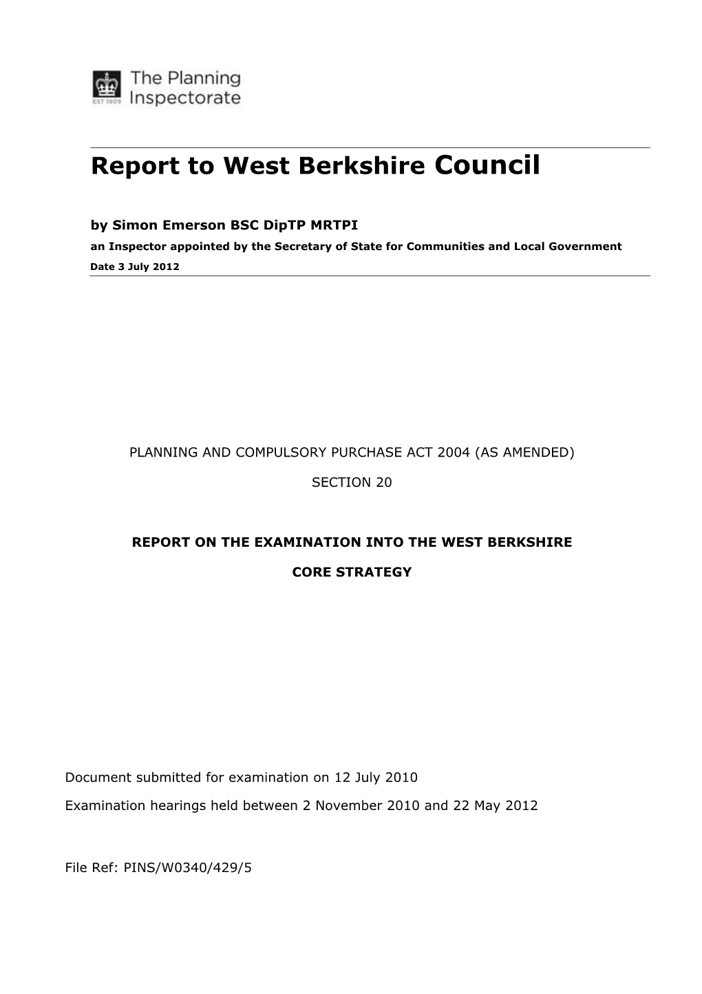 Report on Examination Into West Berkshire Core Strategy