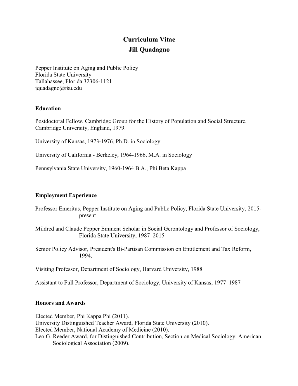 Curriculum Vitae Jill Quadagno