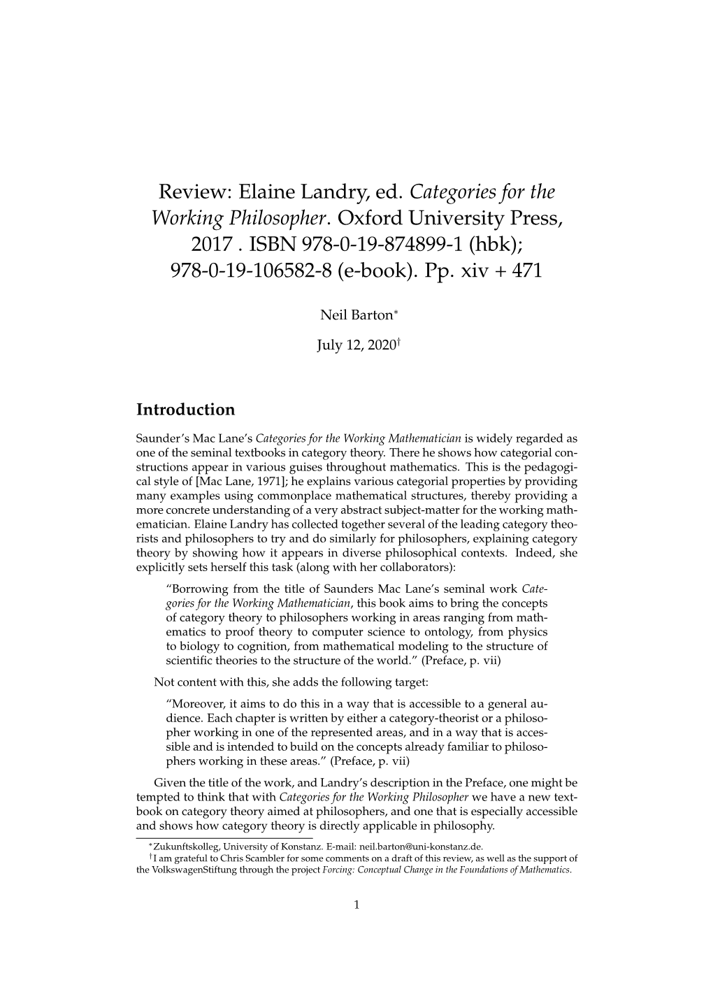 Elaine Landry, Ed. Categories for the Working Philosopher